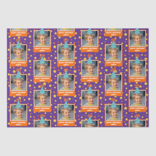 Personalisiert Kid Foto Happy Birthday w/ Blue Hat Seidenpapier (Vorderseite)