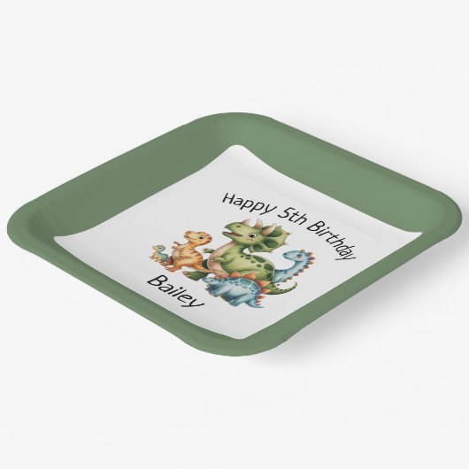 Personalisiert Kids Dinosaurier Geburtstag Pappteller (Gewinkelt)