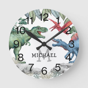 Personalisiert Kids Dinosauriername Runde Wanduhr
