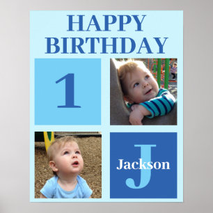 Personalisiert Kids Foto Niedlich Blue Birthday Pa Poster