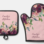 Personalisiert Kitchen Burgundy Pink Floral Ofenhandschuh & Topflappen-Set