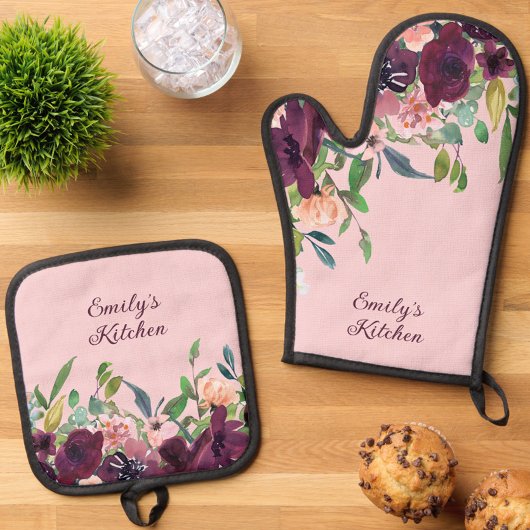 Personalisiert Kitchen Burgundy Pink Floral Ofenhandschuh & Topflappen-Set