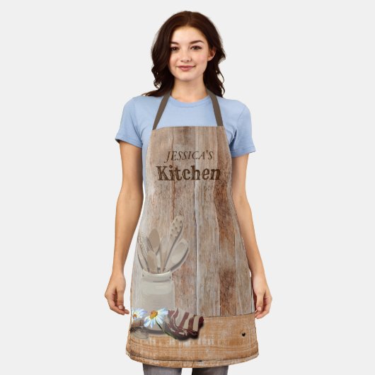 Personalisiert Kitchen Wood Rustic Daisy Schürze (Getragen)