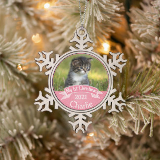 Personalisiert Kittens erstes Foto zu Weihnachten Schneeflocken Zinn-Ornament
