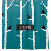 Personalisiert - kleine Schwarze Vögel und Birken Duschvorhang (Vorderseite)