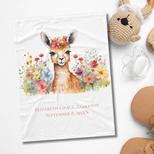 Personalisiert Lama Wildblumen Watercolor Baby Fleecedecke