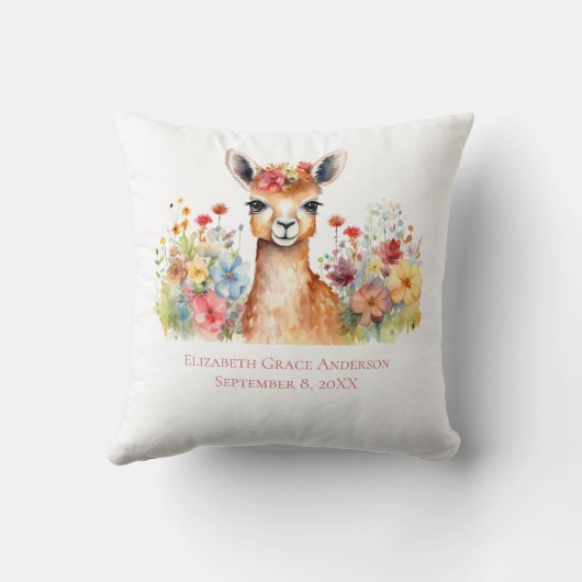 Personalisiert Lama Wildblumen Watercolor Baby Kissen (Rückseite)