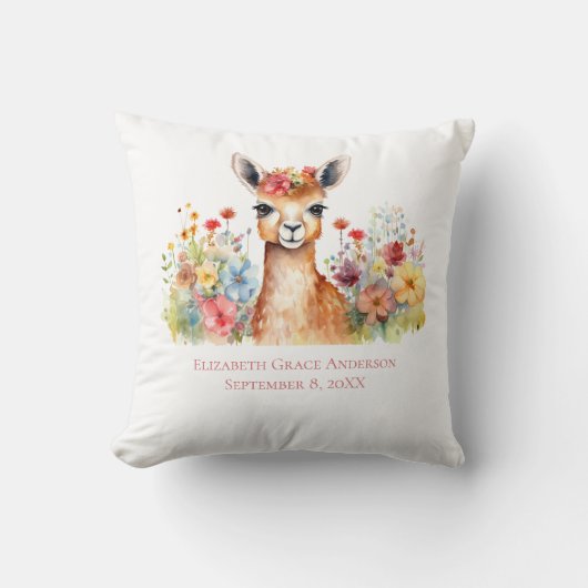 Personalisiert Lama Wildblumen Watercolor Baby Kissen (Vorderseite)