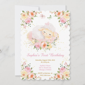 Personalisiert Lamb Girl 1. Geburtstag Einladung