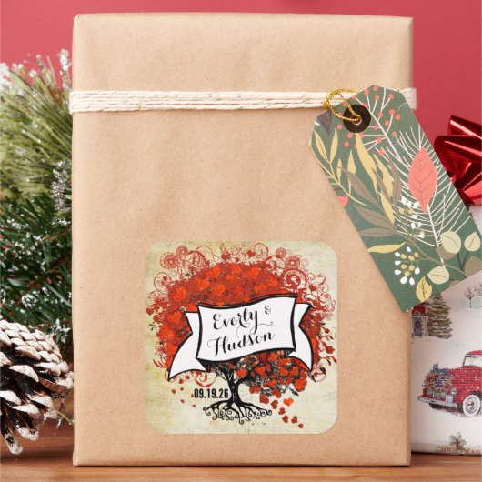 Personalisiert Lavender Heart Leaf Tree Wedding Quadratischer Aufkleber (Feiertag)