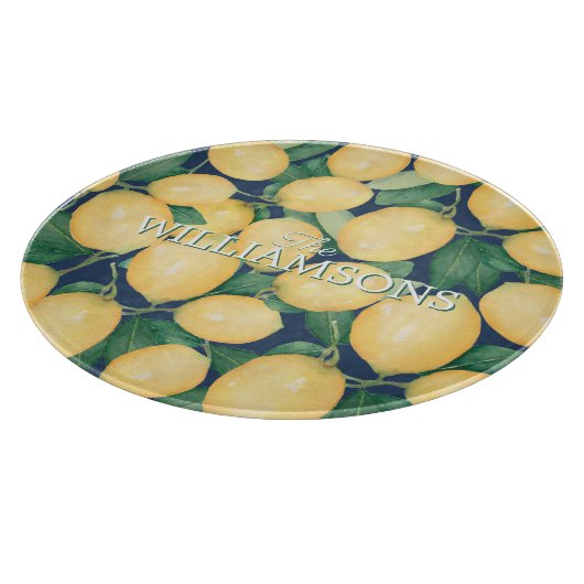 Personalisiert Lemons Greenery Navy Blue Schneidebrett (Ecke)