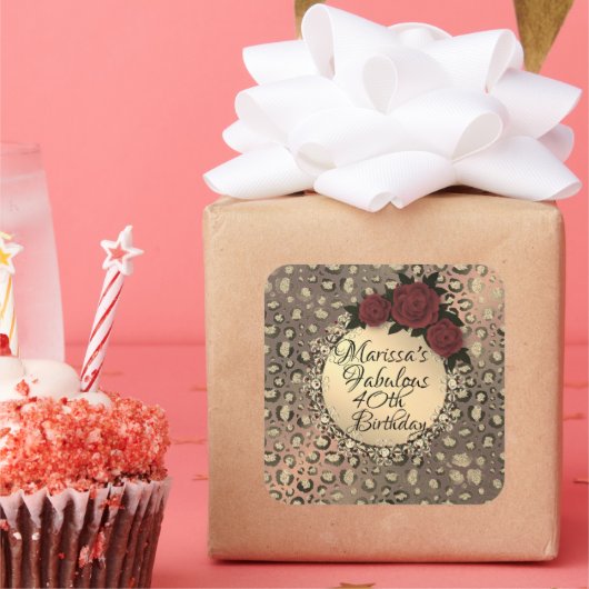 Personalisiert Leopard Rose Fabulous 40. Geburtsta Quadratischer Aufkleber (Party)