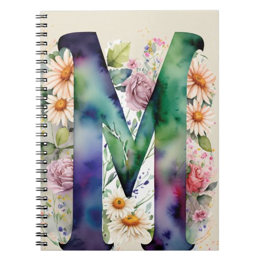 Personalisiert Letter M Floral Watercolor Notebook Notizblock (Vorderseite)