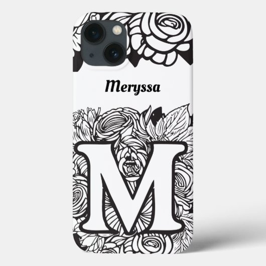 Personalisiert Letter M Schwarz-weiß Tattoo-Blume Case-Mate iPhone Hülle (Rückseite)