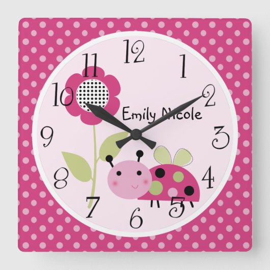 Personalisiert Lil Little Ladybug Kinderzimmer Clo Quadratische Wanduhr (Vorderseite)
