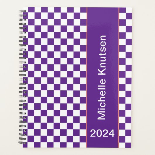 Personalisiert lila und weiß Checkered 2024 Planer (Vorderseite)