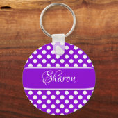 Personalisiert Lila White Polka Dot Schlüsselanhän Schlüsselanhänger (Vorderseite)