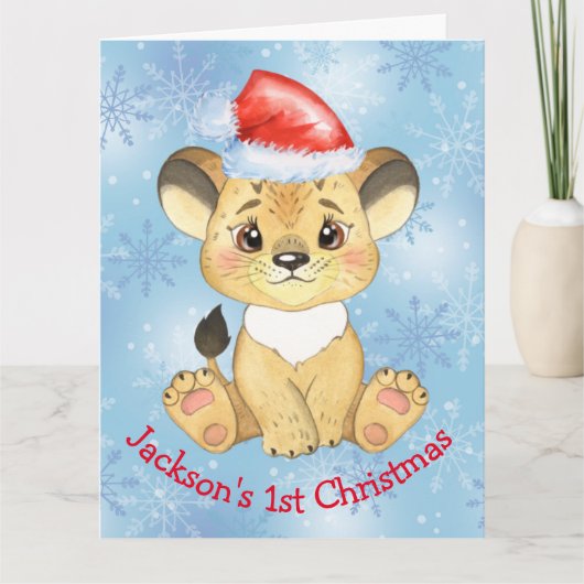 Personalisiert Lion 1. Christmas Baby Boy Blue Karte (Vorderseite)