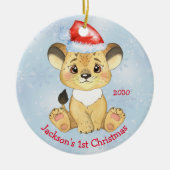 Personalisiert Lion 1. Christmas Baby Boy Blue Keramik Ornament (Vorne)