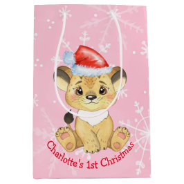Personalisiert Lion 1. Weihnachtsmädchen Pink Mittlere Geschenktüte