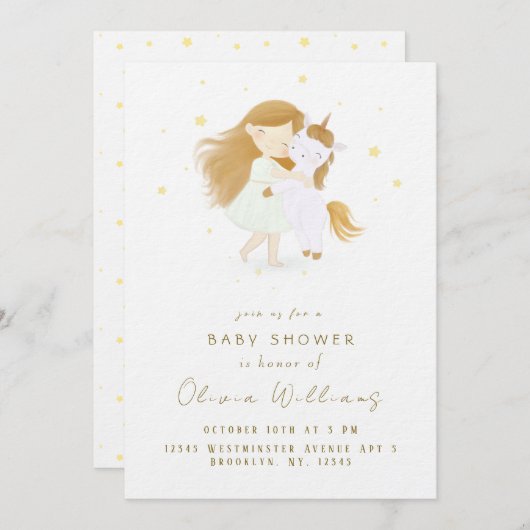 Personalisiert Little Girl a Unicorn Kinderdusche Einladung (Vorne/Hinten)