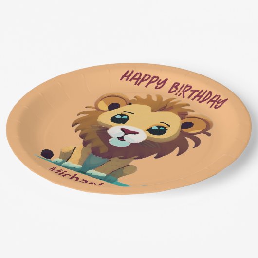 Personalisiert Little Lion Birthday Pappteller (Schrägansicht)