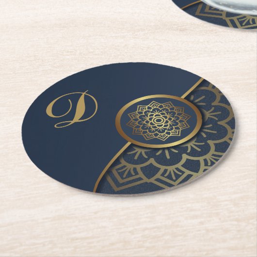 Personalisiert Luxury Gold Mandala Art Blue Runder Pappuntersetzer (Angewinkelt)