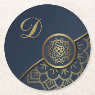Personalisiert Luxury Gold Mandala Art Blue Runder Pappuntersetzer