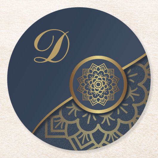 Personalisiert Luxury Gold Mandala Art Blue Runder Pappuntersetzer (Vorderseite)