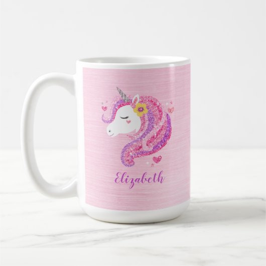 Personalisiert Magisch rosa Glitzer Einhorngesicht Kaffeetasse (Links)