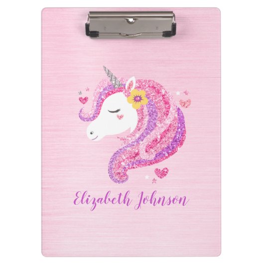 Personalisiert Magisch rosa Glitzer Einhorngesicht Klemmbrett (Vorderseite)
