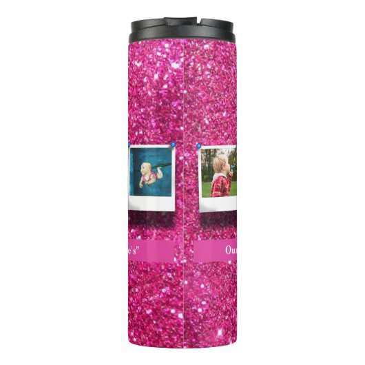 Personalisiert Mama Foto Collage Girly Pink Thermosbecher (Rückseite)