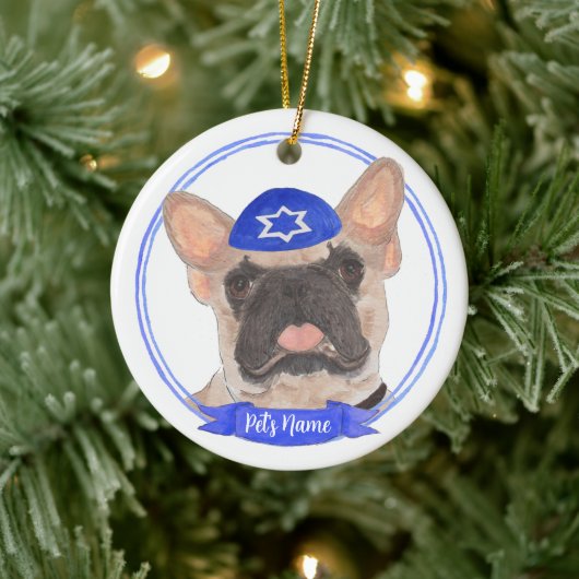Personalisiert Masked Frenchie Hanukkah Keramik Ornament (Baum)