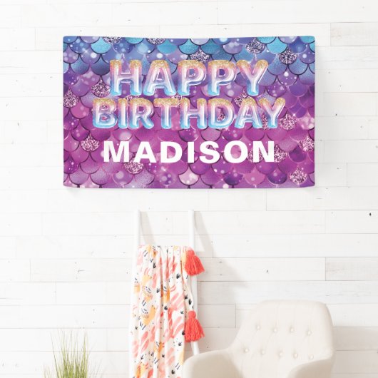 Personalisiert Mermaid Birthday Pink Blue Glitzer Banner (Insitu)