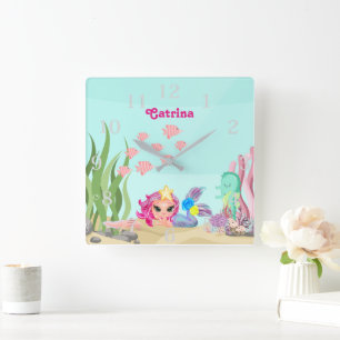 Personalisiert Mermaid und Axolotl Quadratische Wanduhr