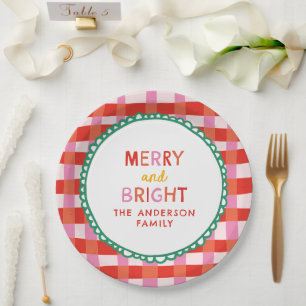 Personalisiert Merry and Bright Red Checkered Pappteller