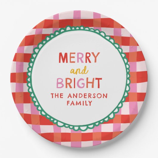 Personalisiert Merry and Bright Red Checkered Pappteller (Vorderseite)