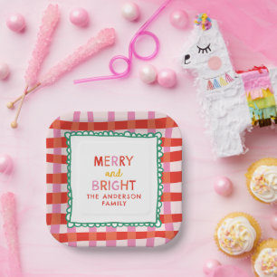 Personalisiert Merry and Bright Red Checkered Pappteller