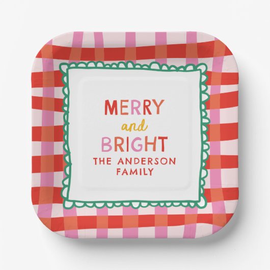 Personalisiert Merry and Bright Red Checkered Pappteller (Vorderseite)