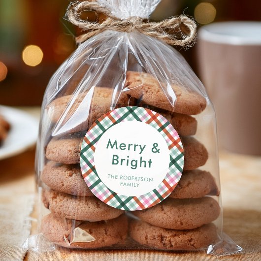 Personalisiert Merry Bright Kariert Weihnachten Runder Aufkleber