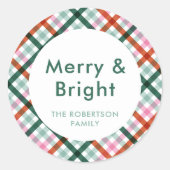 Personalisiert Merry Bright Kariert Weihnachten Runder Aufkleber (Vorderseite)