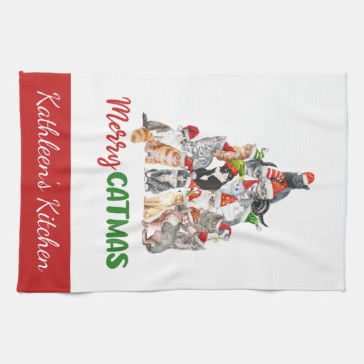 Personalisiert Merry Catmus Funny Cat Weihnachten Geschirrtuch (Horizontal)