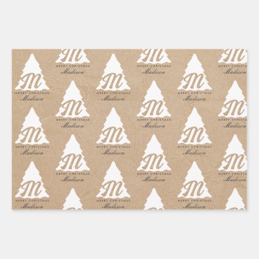 Personalisiert Merry Christmas Kraft Monogram Tree Geschenkpapier Set (Vorderseite)