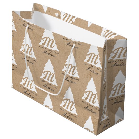 Personalisiert Merry Christmas Kraft Monogram Tree Große Geschenktüte (Vorderseite Schrägansicht)
