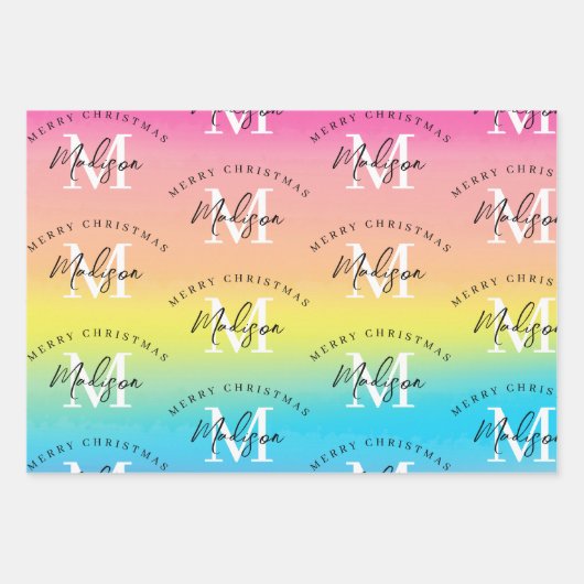 Personalisiert Merry Christmas Rainbow Monogram Geschenkpapier Set (Vorderseite 2)
