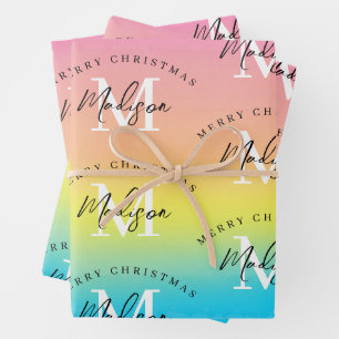 Personalisiert Merry Christmas Rainbow Monogram Geschenkpapier Set
