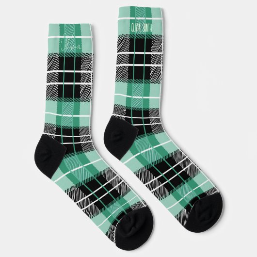 Personalisiert Minze Grün und Schwarzer Tartan Kar Socken (Rechts)
