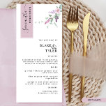 Personalisiert mit Gastname, Mauve Floral Wedding Menükarte<br><div class="desc">Warum verbringen Sie in Platzkarten und Menükarten, wenn Sie ein elegantes All-in-One-Menü personalisiert mit dem Namen jedes Gastes haben? Modernes, einfaches und stilvolles Design mit schönen handgeschriebenen Kalligrafiedetails und zarter Blüte mit staubigen lila, violetten, lila und Lavendelblüten. Der Streifen in der links oberen Ecke ist in einem mauvisch-lila Farbton gehalten,...</div>
