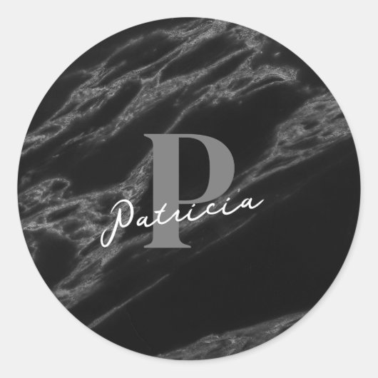 Personalisiert mit Name Initial Marble Black Runder Aufkleber (Vorderseite)
