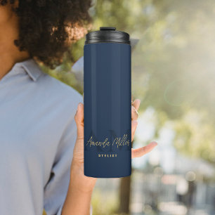 Personalisiert mit Name Navy Blue Gold Monogram Thermosbecher